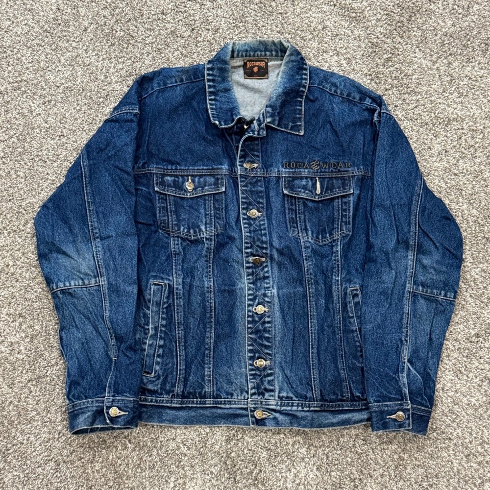 Vintage Rocawear Denim Jacket Blue Mens XXL Embroidered Logo Y2K Hip Hop Trucker